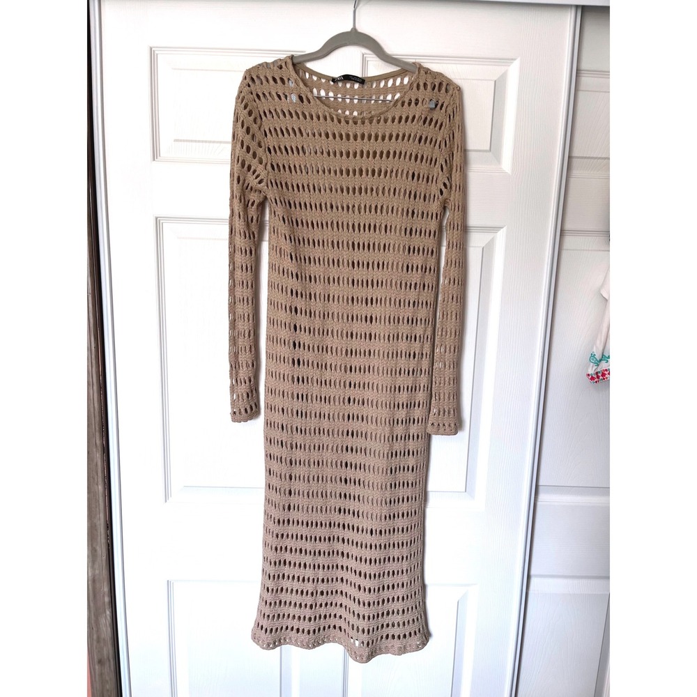 Zara Women Tan Beige Open Knit Crochet Long Sleeve Midi Dress with Slip Size L
